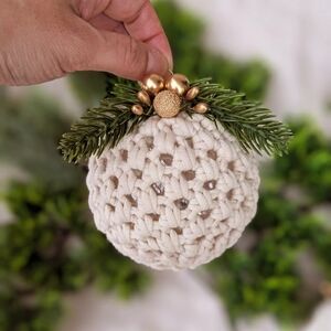 Handmade Crochet Ornament Ball Cream with Gold Accents Christmas Tree Gift